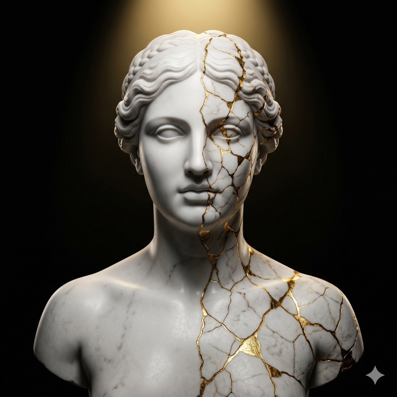 Estatua griega fragmentada que representa el conflicto entre identidad y comportamiento