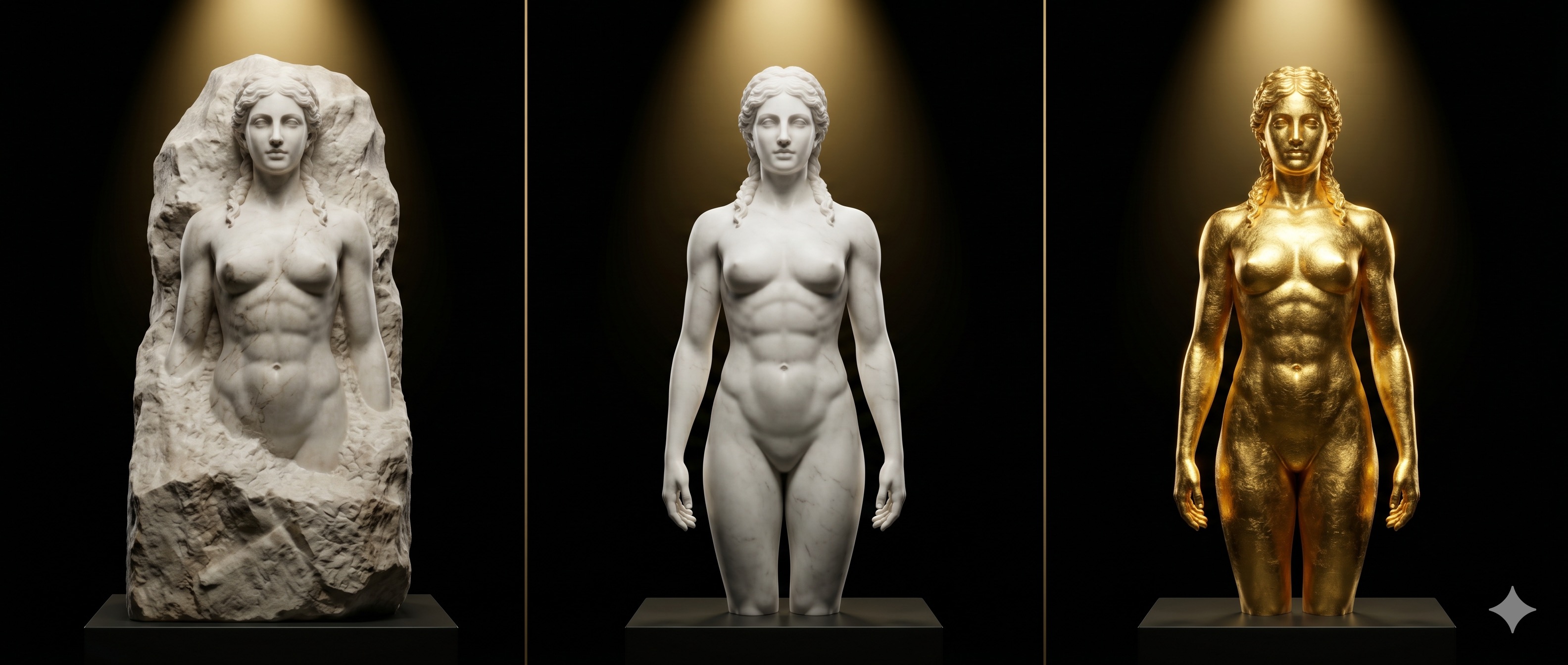 Tres estatuas femeninas representando la evolución de identidad: emergente del mármol, formada en blanco puro, transcendida en oro