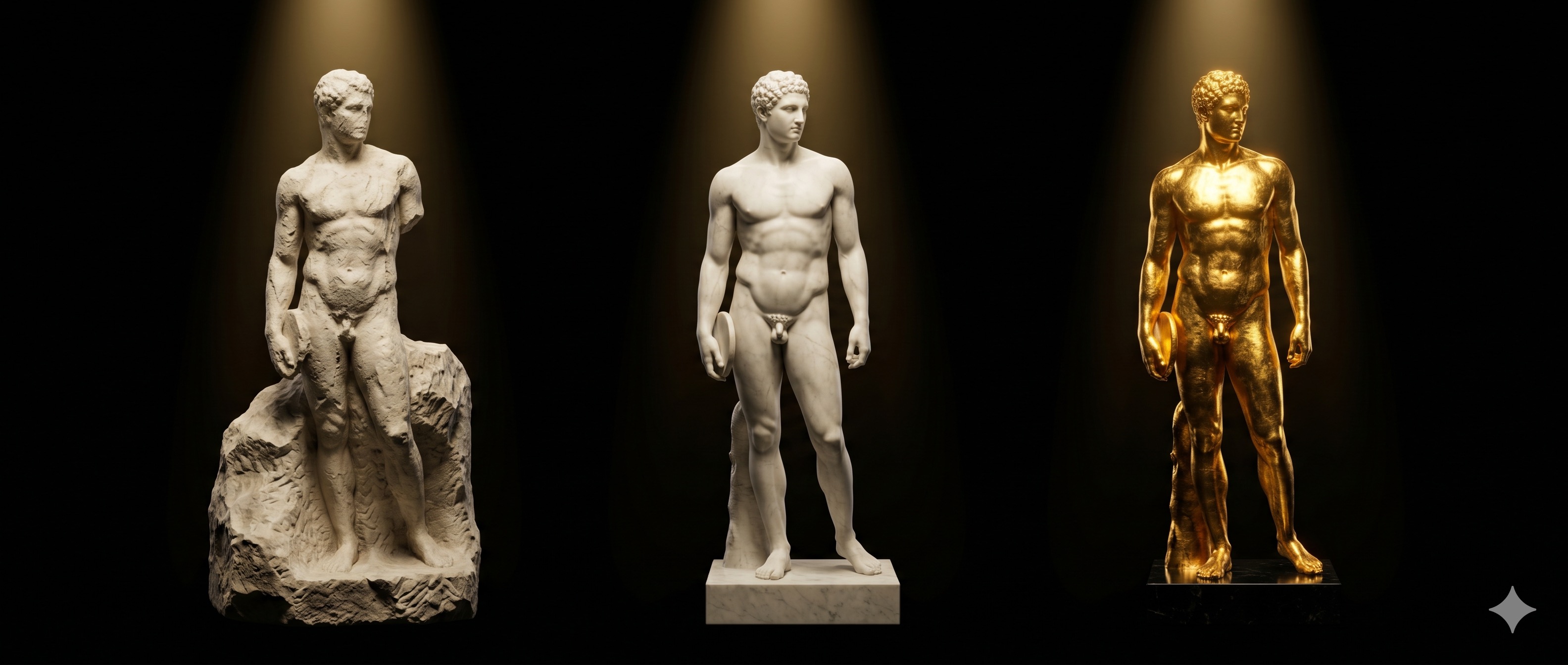 Tres estatuas masculinas representando la evolución de identidad: emergente del mármol, formada en blanco puro, transcendida en oro