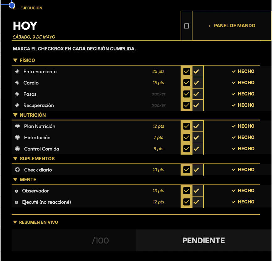 Pantalla de ejecución diaria con checklist de microdecisiones por categoría